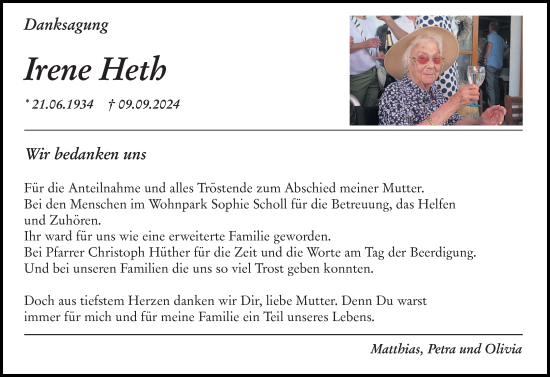 Traueranzeige von Irene Heth von Allgemeine Zeitung Rheinhessen-Nahe
