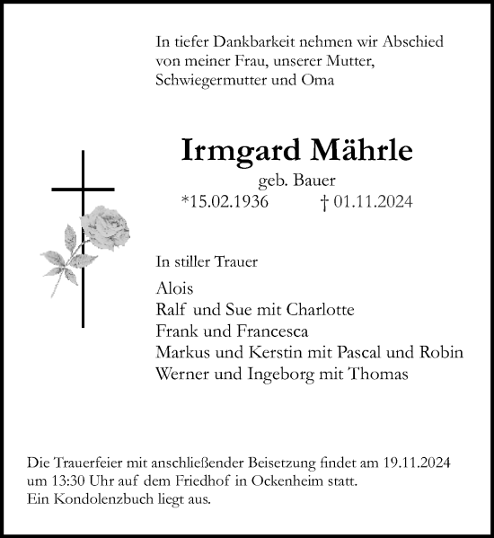 Traueranzeige von Irmgard Mährle von Allgemeine Zeitung Rheinhessen-Nahe