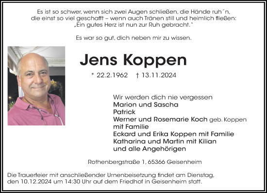 Traueranzeige von Jens Koppen von Rheingau Kurier