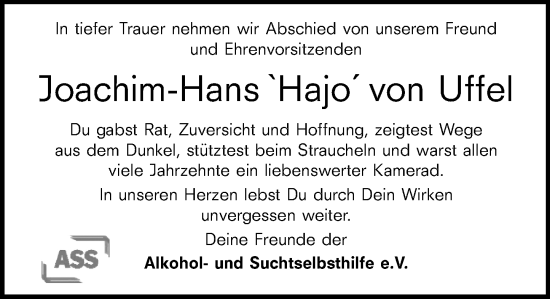 Traueranzeige von Joachim-Hans von Uffel von Darmstädter Echo