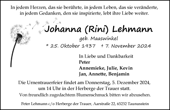 Traueranzeige von Johanna  Lehmann von Idsteiner Land/Untertaunus