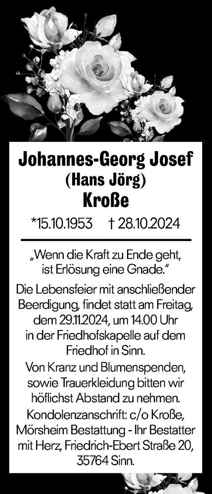 Traueranzeige von Johannes-Georg Josef Kroße von Dill Block