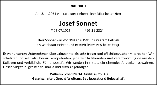Traueranzeige von Josef Sonnet von Allgemeine Zeitung Rheinhessen-Nahe