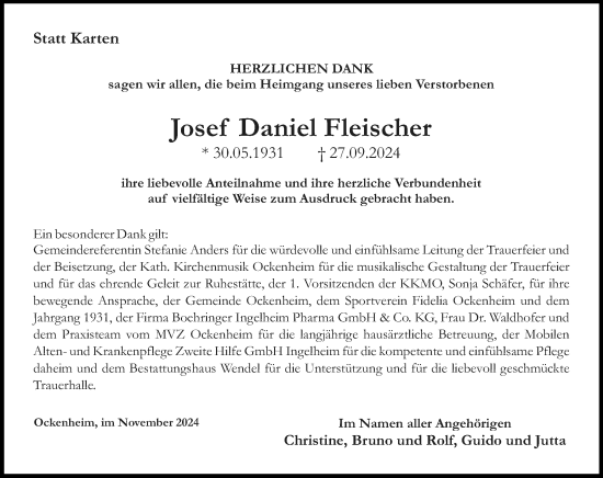 Traueranzeige von Josef Daniel Fleischer von Allgemeine Zeitung Rheinhessen-Nahe