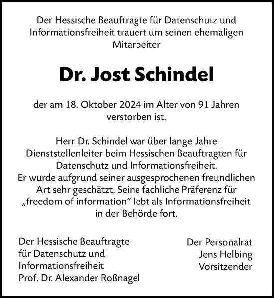 Traueranzeige von Jost Schindel von Wiesbadener Kurier