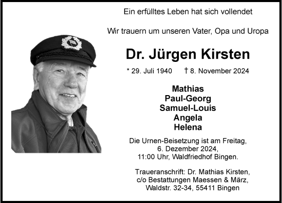 Traueranzeige von Jürgen Kirsten von Allgemeine Zeitung Rheinhessen-Nahe