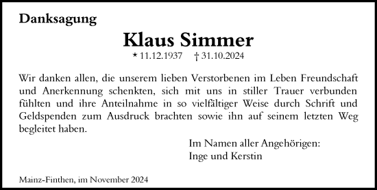 Traueranzeige von Klaus Simmer von Allgemeine Zeitung Mainz