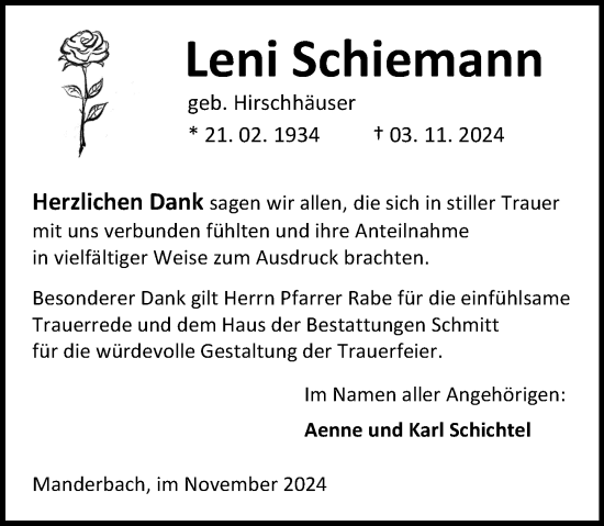 Traueranzeige von Leni Schiemann von Dill Block