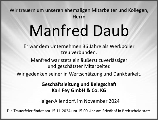 Traueranzeige von Manfred Daub von Dill Block