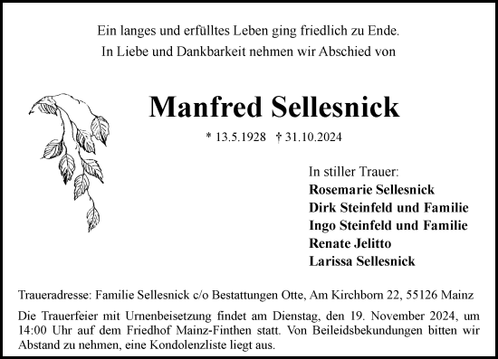Traueranzeige von Manfred Sellesnick von Allgemeine Zeitung Mainz