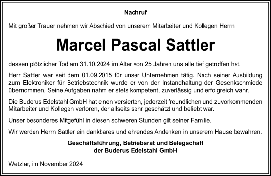 Traueranzeige von Marcel Pascal Sattler von Wetzlarer Neue Zeitung