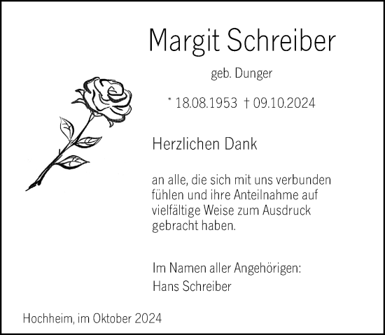 Traueranzeige von Margit Schreiber von Hochheimer Zeitung