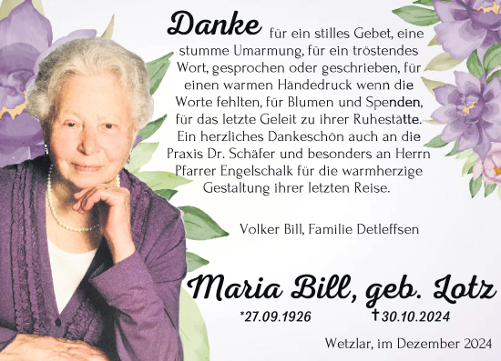 Traueranzeige von Maria Bill von Wetzlarer Neue Zeitung