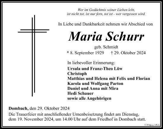 Traueranzeige von Maria Schurr von Camberger Anzeiger