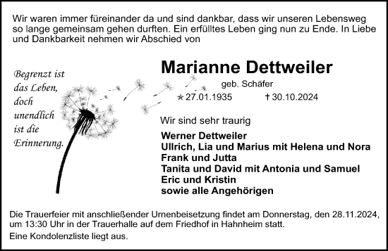 Traueranzeige von Marianne Dettweiler von Allgemeine Zeitung Mainz