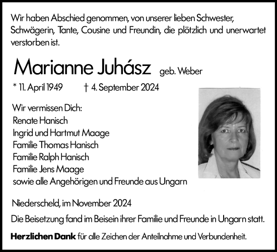 Traueranzeige von Marianne Juhasz von Dill Block