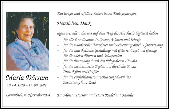 Traueranzeige von Marita Dörsam von Starkenburger Echo