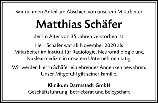 Traueranzeige von Matthias Schäfer von Darmstädter Echo