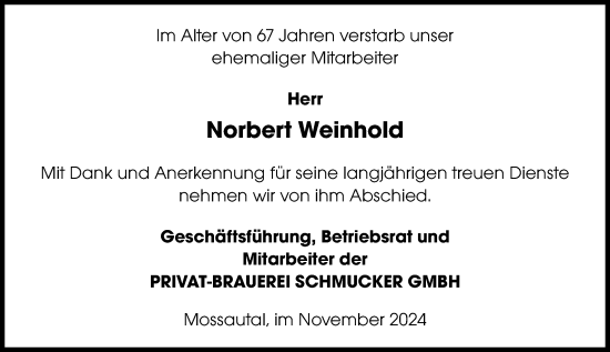 Traueranzeige von Norbert Weinhold von Odenwälder Echo