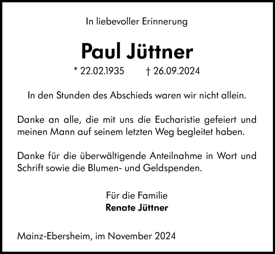 Traueranzeige von Paul Jüttner von Allgemeine Zeitung Mainz