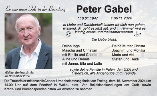 Traueranzeige von Peter Gabel von Hinterländer Anzeiger