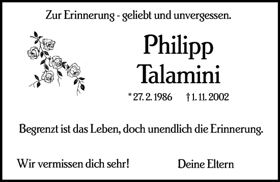 Traueranzeige von Philipp Talamini von Starkenburger Echo