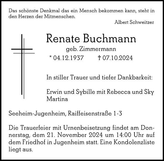 Traueranzeige von Renate Buchmann von Darmstädter Echo