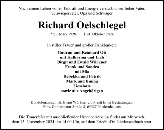 Traueranzeige von Richard Oelschlegel von Wiesbadener Kurier