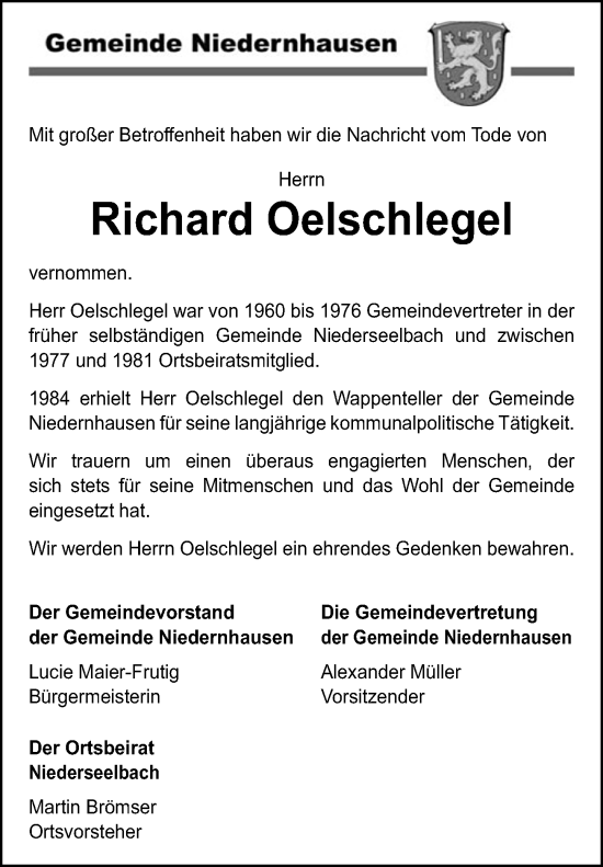 Traueranzeige von Richard Oelschlegel von Idsteiner Land/Untertaunus