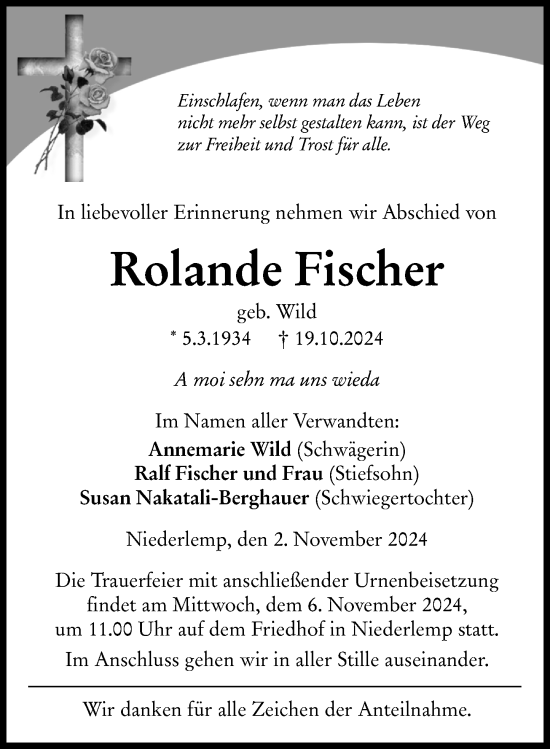 Traueranzeige von Rolande Fischer von Wetzlarer Neue Zeitung