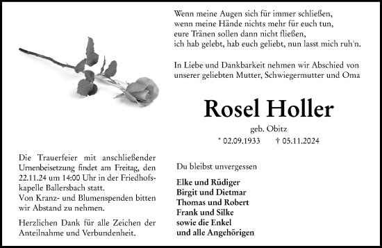 Traueranzeige von Rosel Holler von Dill Block