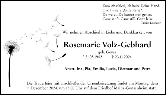 Traueranzeige von Rosemarie Volz-Gebhard von Allgemeine Zeitung Mainz