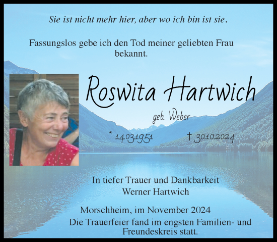 Traueranzeige von Roswita Hartwich von Allgemeine Zeitung Alzey