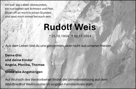 Traueranzeige von Rudolf Weis von Weilburger Tageblatt