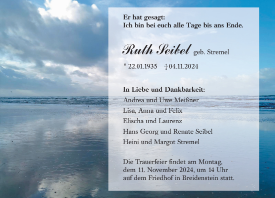 Traueranzeige von Ruth Seibel von Hinterländer Anzeiger