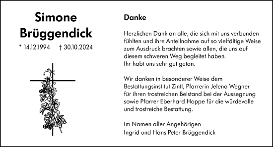 Traueranzeige von Simone Brüggendick von Dill Block