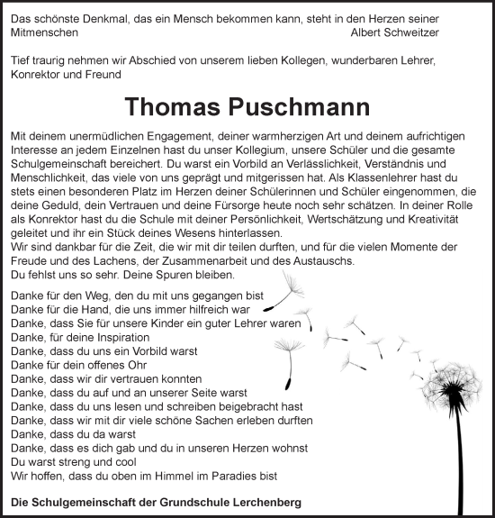 Traueranzeige von Thomas Puschmann von Allgemeine Zeitung Mainz