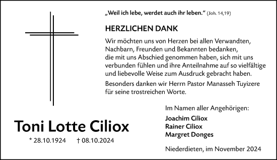 Traueranzeige von Toni Lotte Ciliox von Hinterländer Anzeiger