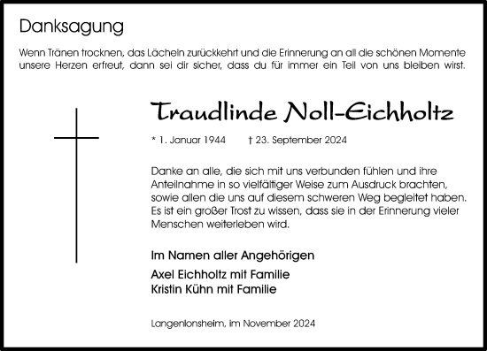 Traueranzeige von Traudlinde Noll-Eichholtz von Allgemeine Zeitung Rheinhessen-Nahe