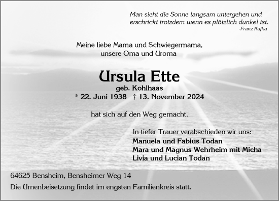 Traueranzeige von Ursula Ette von Wiesbadener Kurier