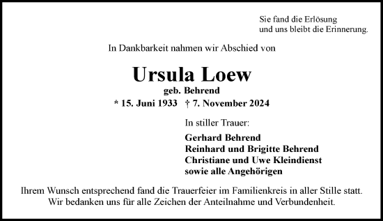 Traueranzeige von Ursula Loew von Wiesbadener Kurier