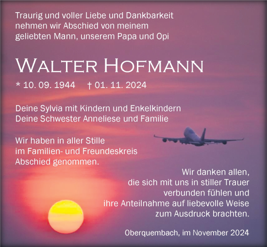 Traueranzeige von Walter Hofmann von Wetzlarer Neue Zeitung