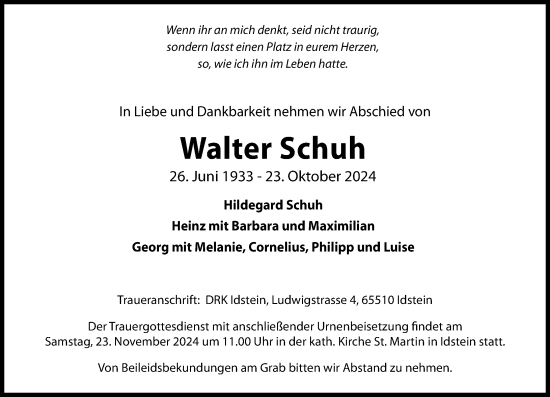 Traueranzeige von Walter Schuh von Idsteiner Land/Untertaunus