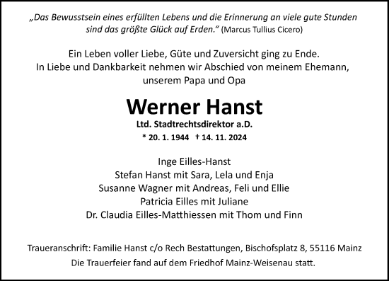 Traueranzeige von Werner Hanst von Allgemeine Zeitung Mainz