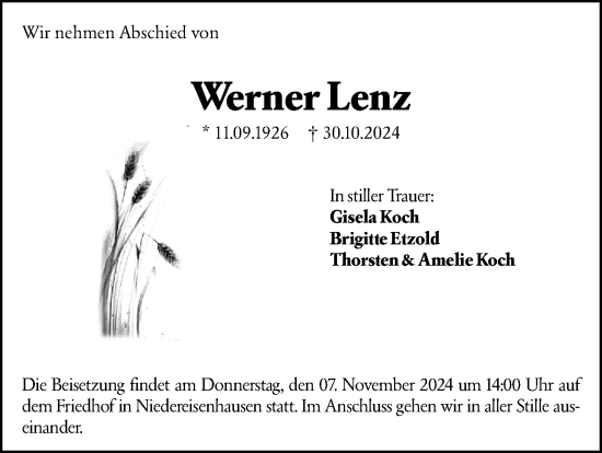 Traueranzeige von Werner Lenz von Hinterländer Anzeiger