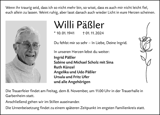 Traueranzeige von Willi Päßler von Wetzlarer Neue Zeitung