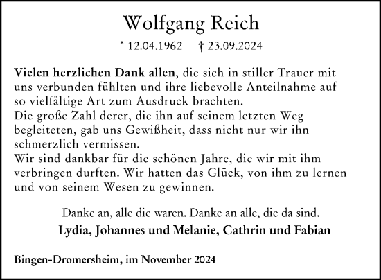 Traueranzeige von Wolfgang Reich von Binger-/Ingelheimer Wochenblatt