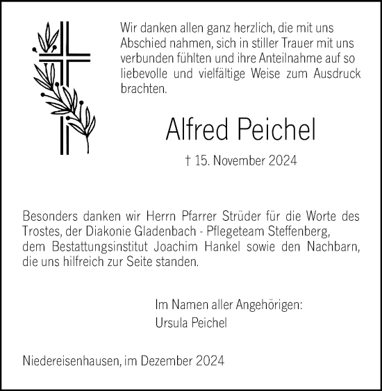 Traueranzeige von Alfred Peichel von Hinterländer Anzeiger