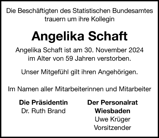 Traueranzeige von Angelika Schaft von Wiesbadener Kurier