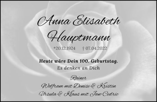 Traueranzeige von Anna Elisabeth Hauptmann von Allgemeine Zeitung Mainz